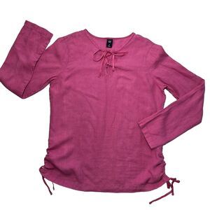 Gap 100% Linen Tunic Top Womens Medium Pink Long Sleeve Blouse Lace Up Shirt